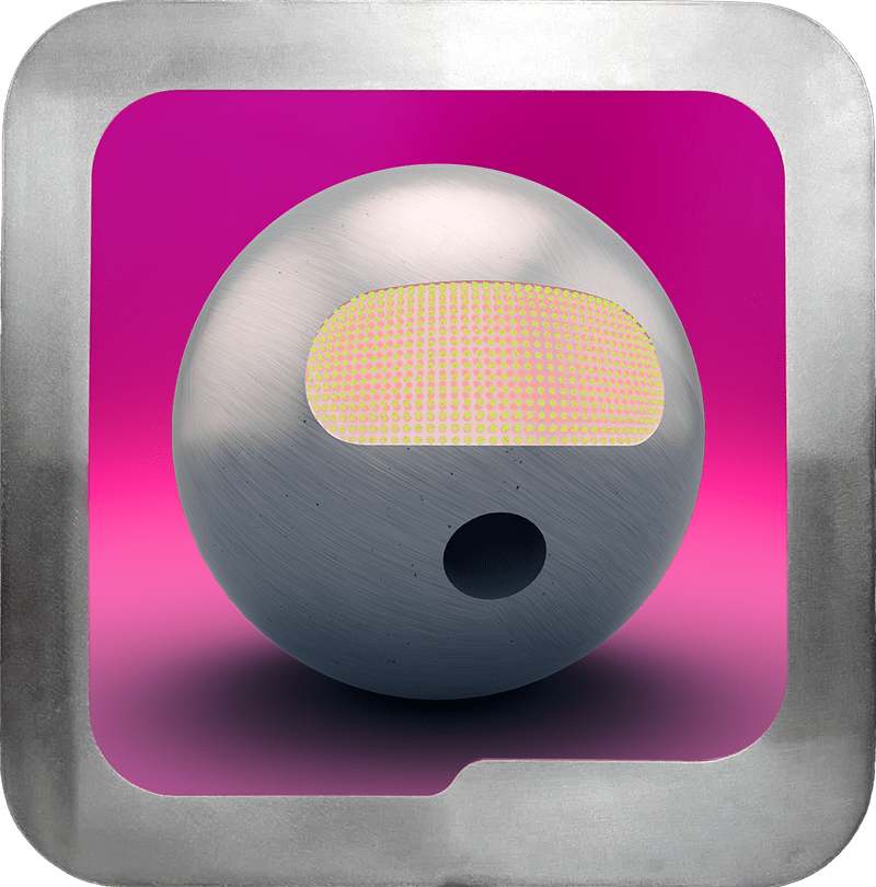Metallic spherical robot with a yellow grid visor and a dark circular mouth on a pink gradient background inside a metallic frame.