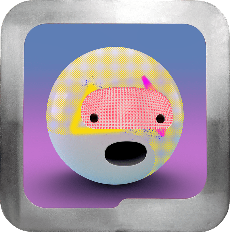 3D abstract face icon with a yellow and blue gradient background, pink dotted eye mask, and black oval mouth inside a rounded square metallic frame.