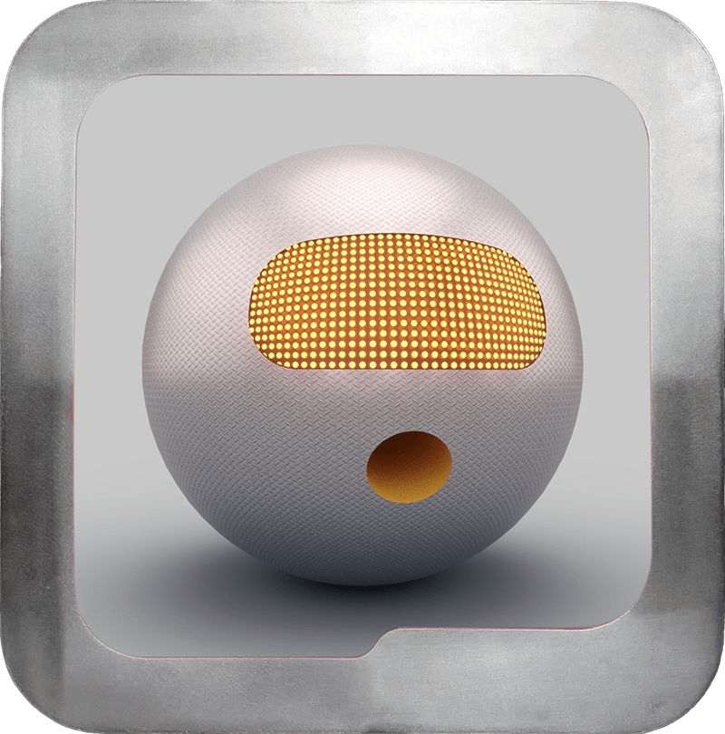 Spherical gray textured robot face with yellow grid-patterned visor and a circular mouth hole inside a metallic square frame.