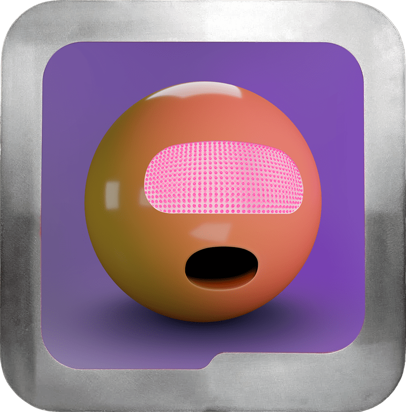 3D orange helmet-shaped character with a pink dotted visor and black open mouth on a purple background framed by a metallic square border.